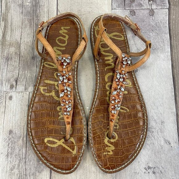 Sam Edelman Rhinestone Studded Gwyneth T Strap Thong Sandal Tan Flats Sz 8.5 - Picture 8 of 10
